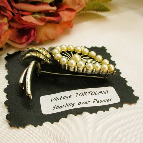 Vintage TORTOLANI Floral Brooch ~ DESIGNER Sterling Silver, Pearl, Rhinestone - Picture 10 of 14